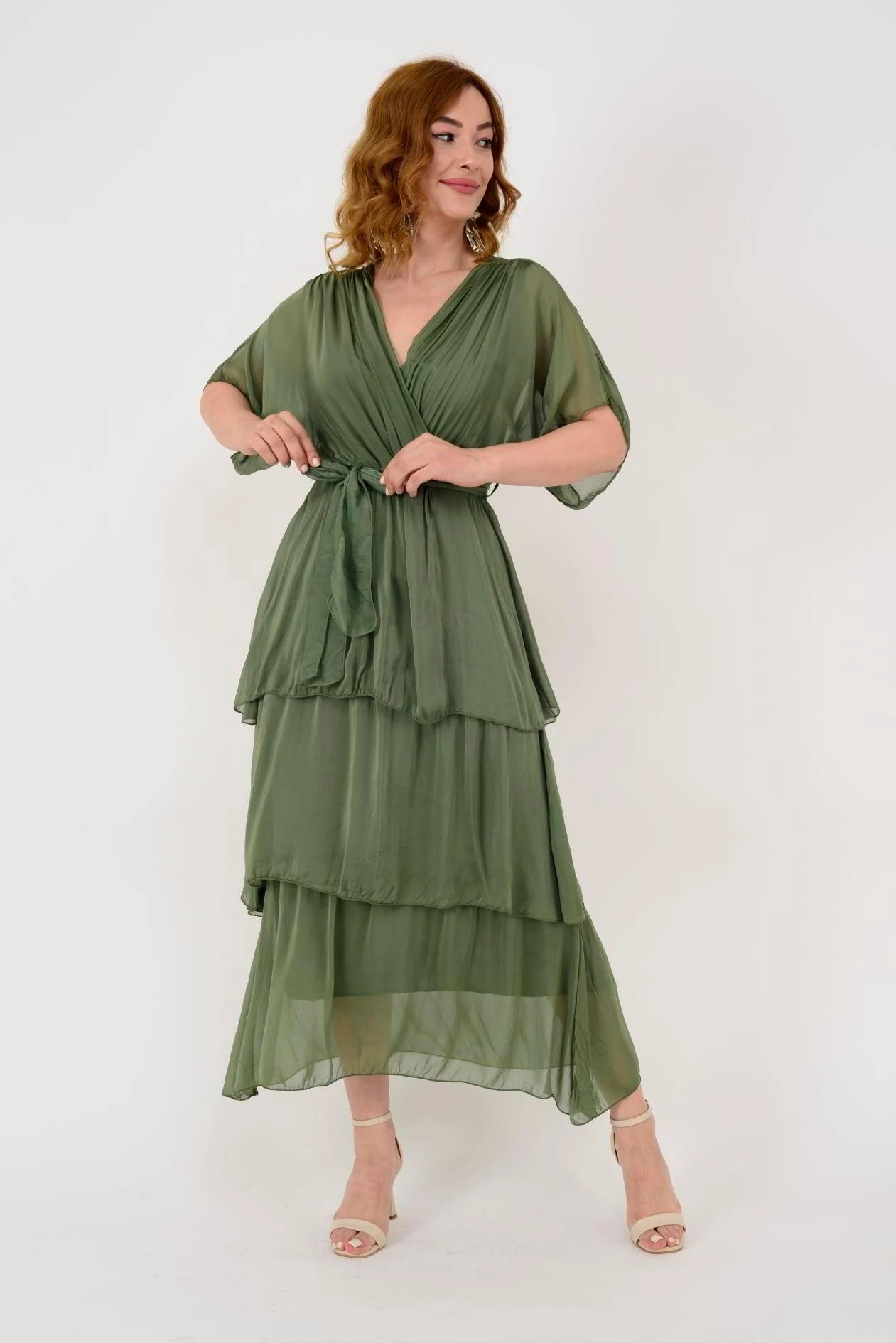 İtalyan İpek Belden Bağlamalı Elbise - HAKİ