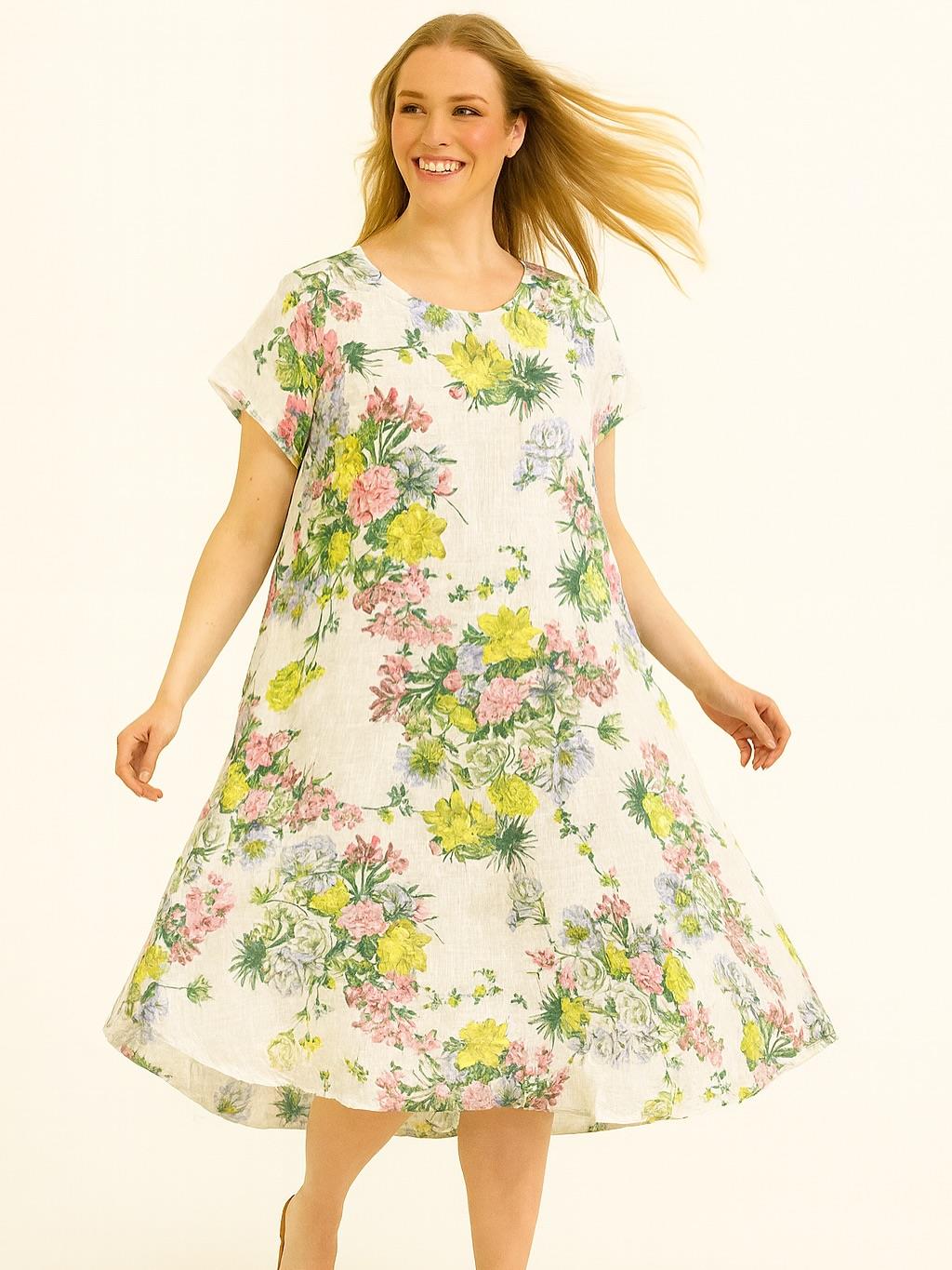 İtalyan Keten Çiçek Desen Elbise - BEYAZ