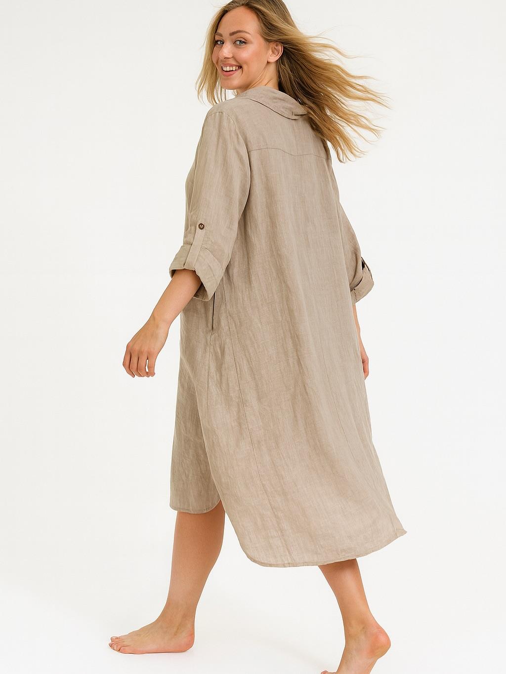 İtalyan Keten Gömlek Elbise - BEJ