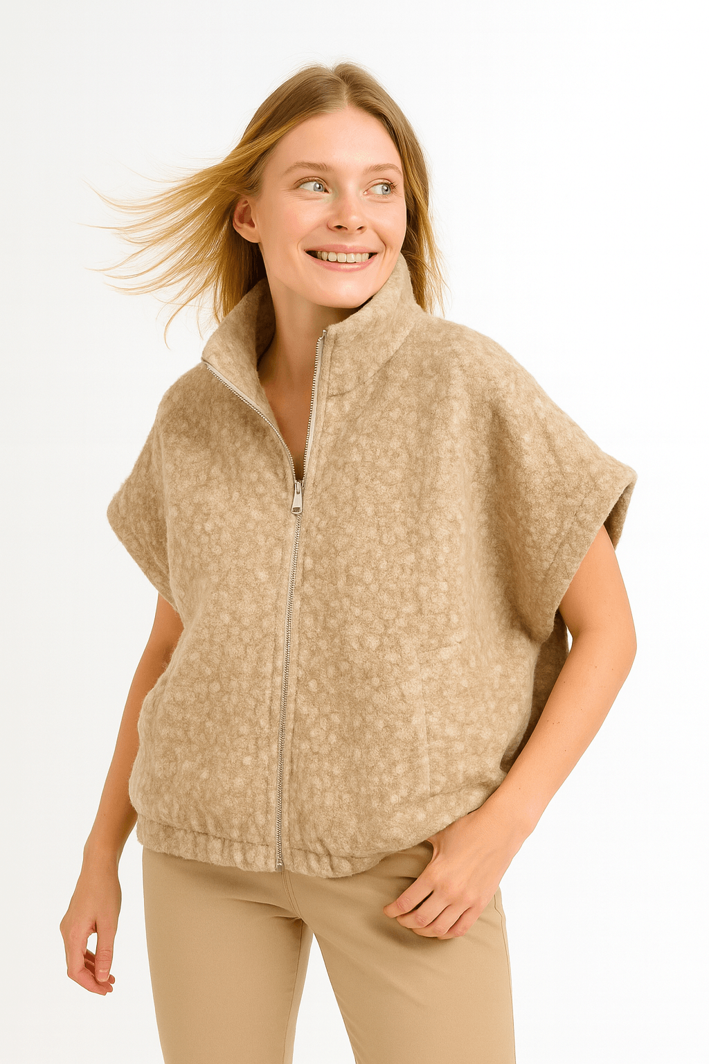 İtalyan Fermuarlı Keçe Yelek - BEJ