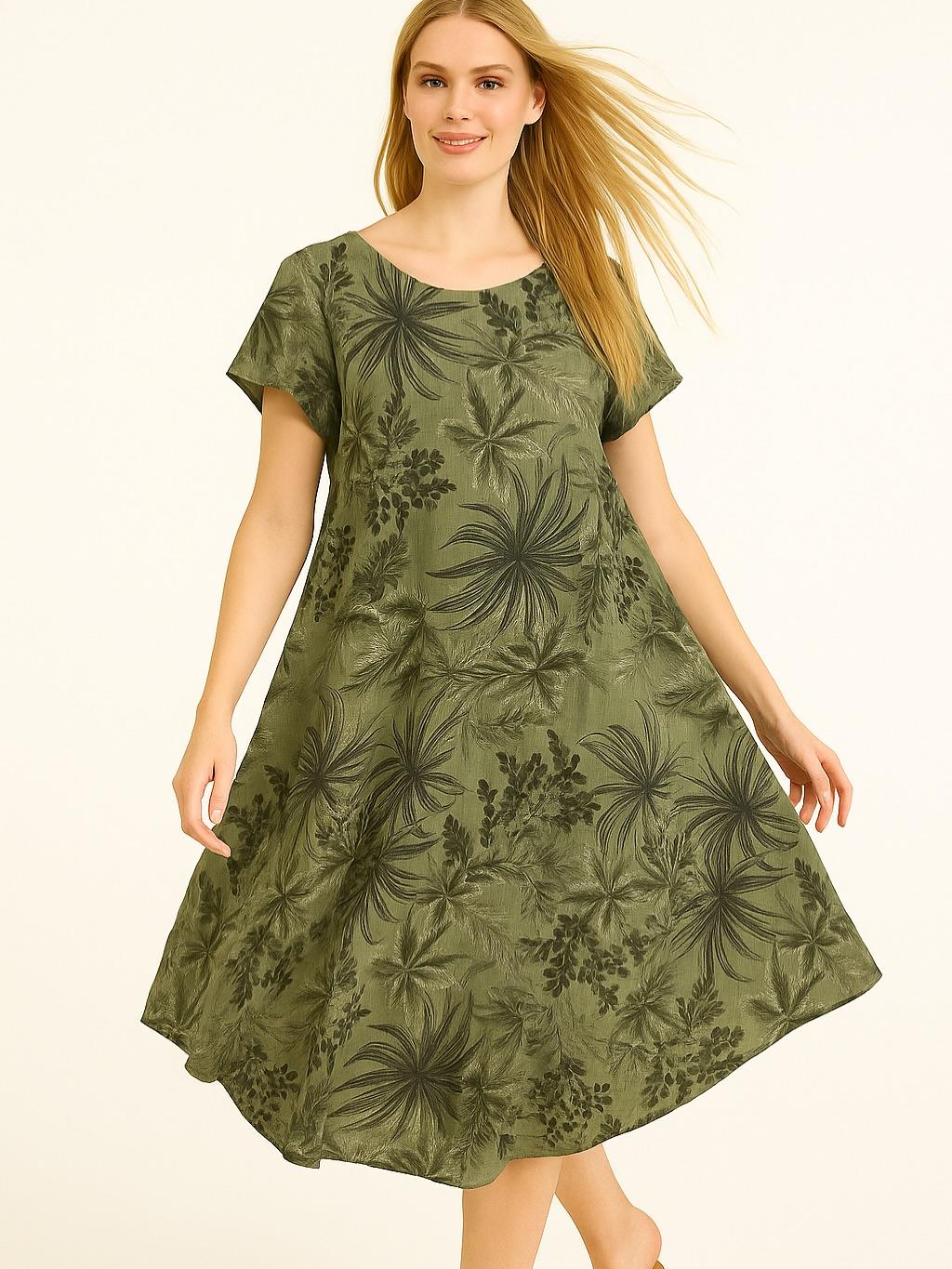 İtalyan Keten Yaprak Desen Elbise - HAKİ