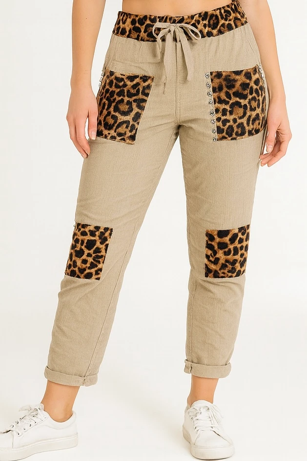 İtalyan Leopar Detaylı Kadife Pantolon - BEJ
