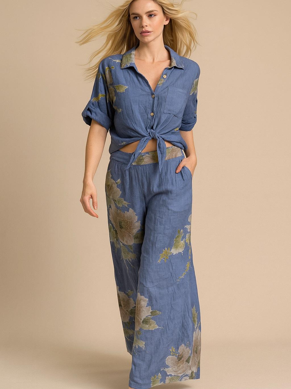 İtalyan Sırt Dantel Detaylı Keten Takım - MAVİ