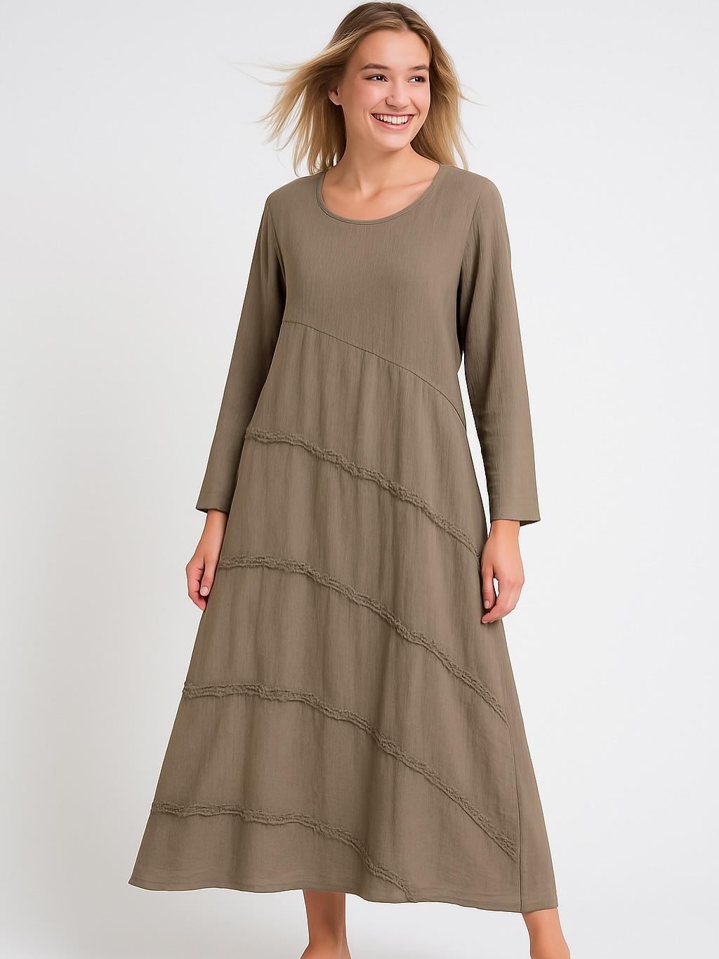 İtalyan Keten Dikiş Detaylı Elbise - VİZON