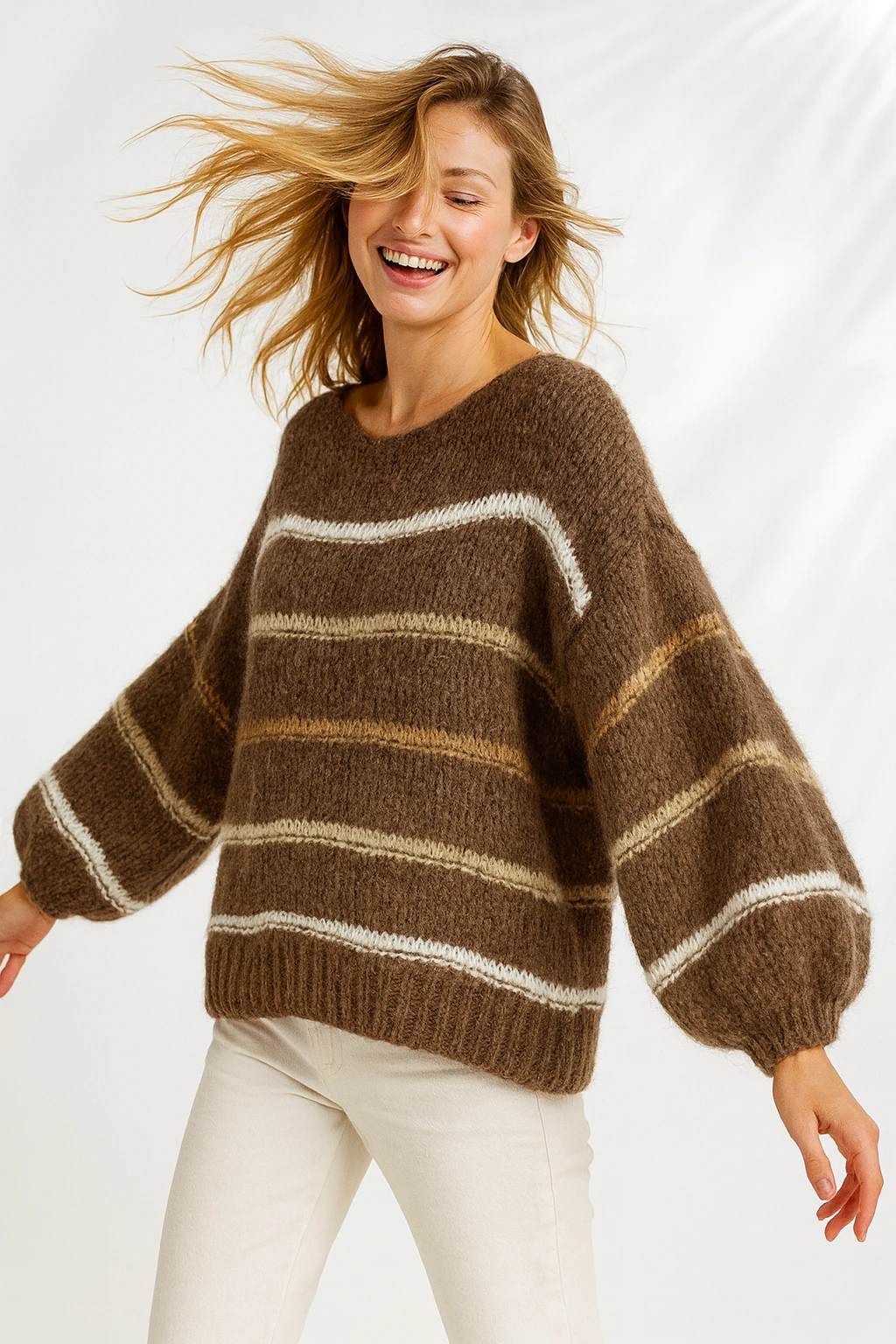 İtalyan Çizgili Kazak - KAHVERENGİ