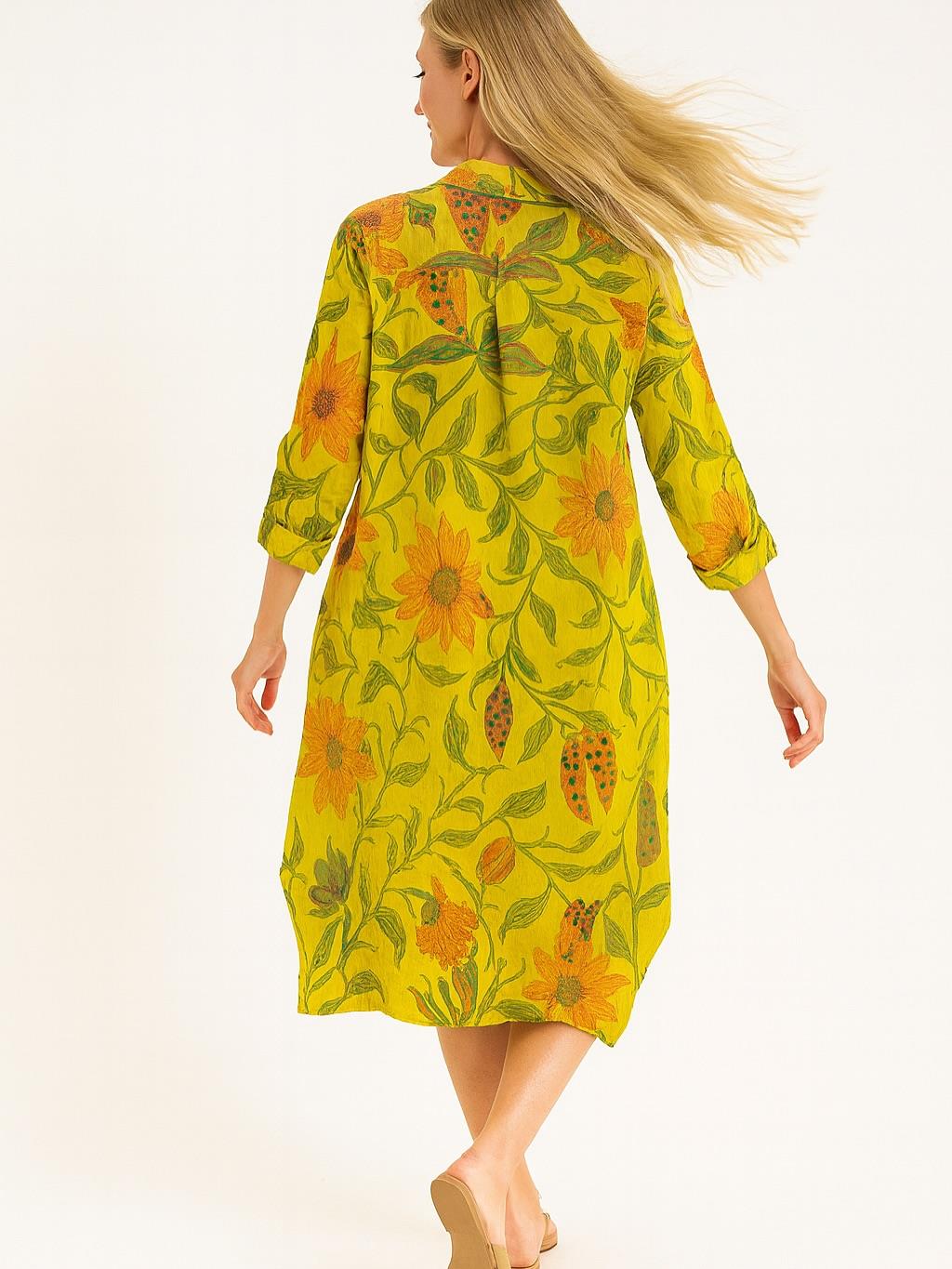 İtalyan Keten Dal Desenli Elbise - SARI