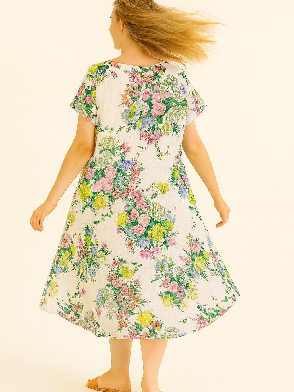 İtalyan Keten Çiçek Desen Elbise - BEYAZ