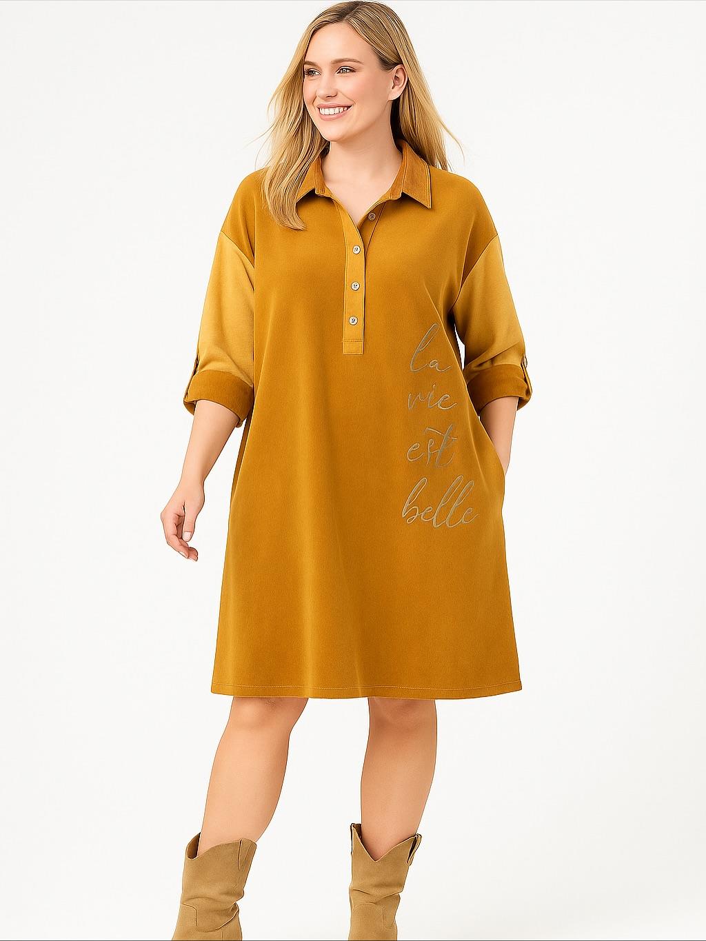 İtalyan Yazı Detaylı Nubuk Elbise - HARDAL