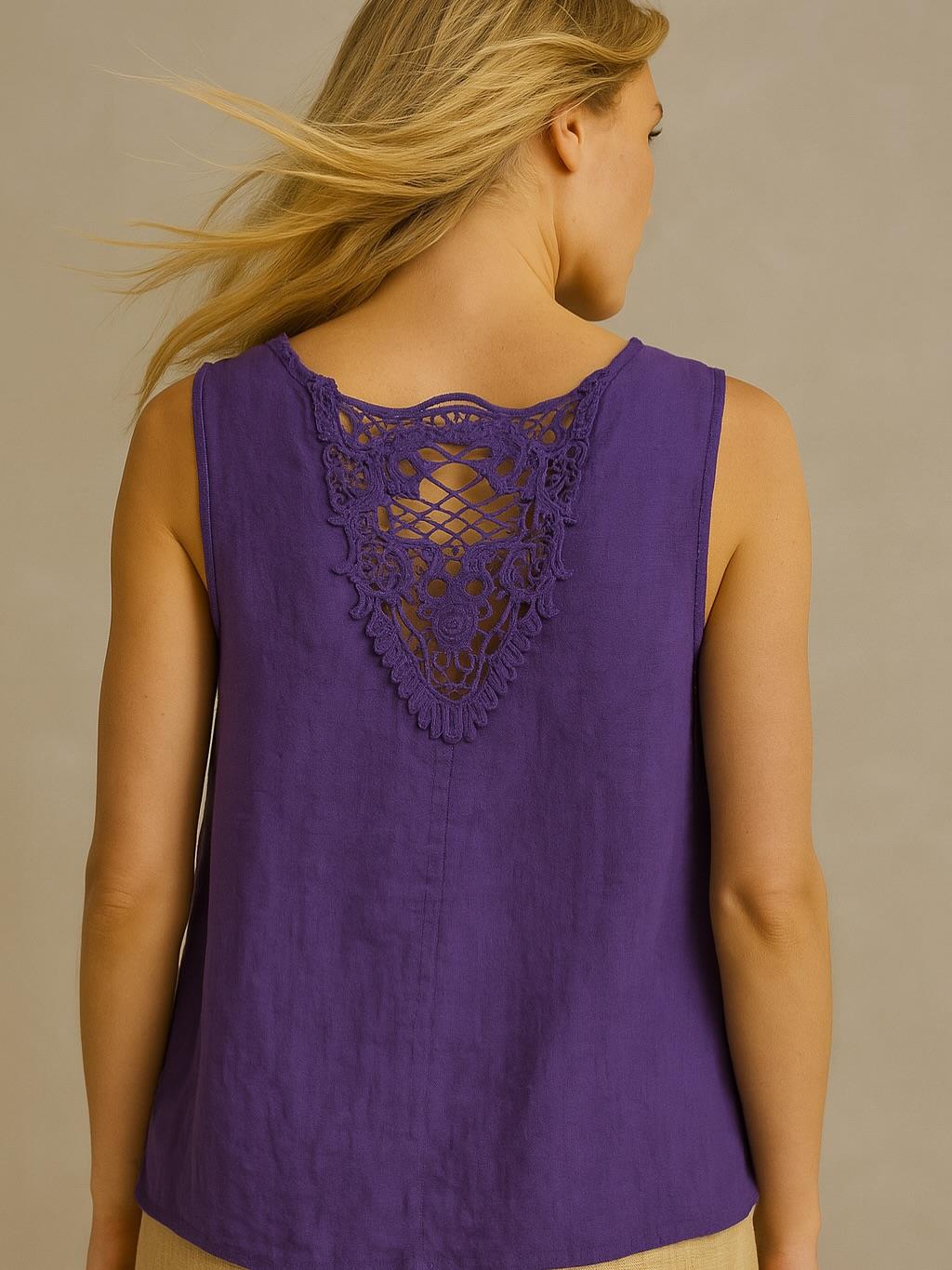 İtalyan Sırt Dantel Detaylı Keten Bluz - MOR