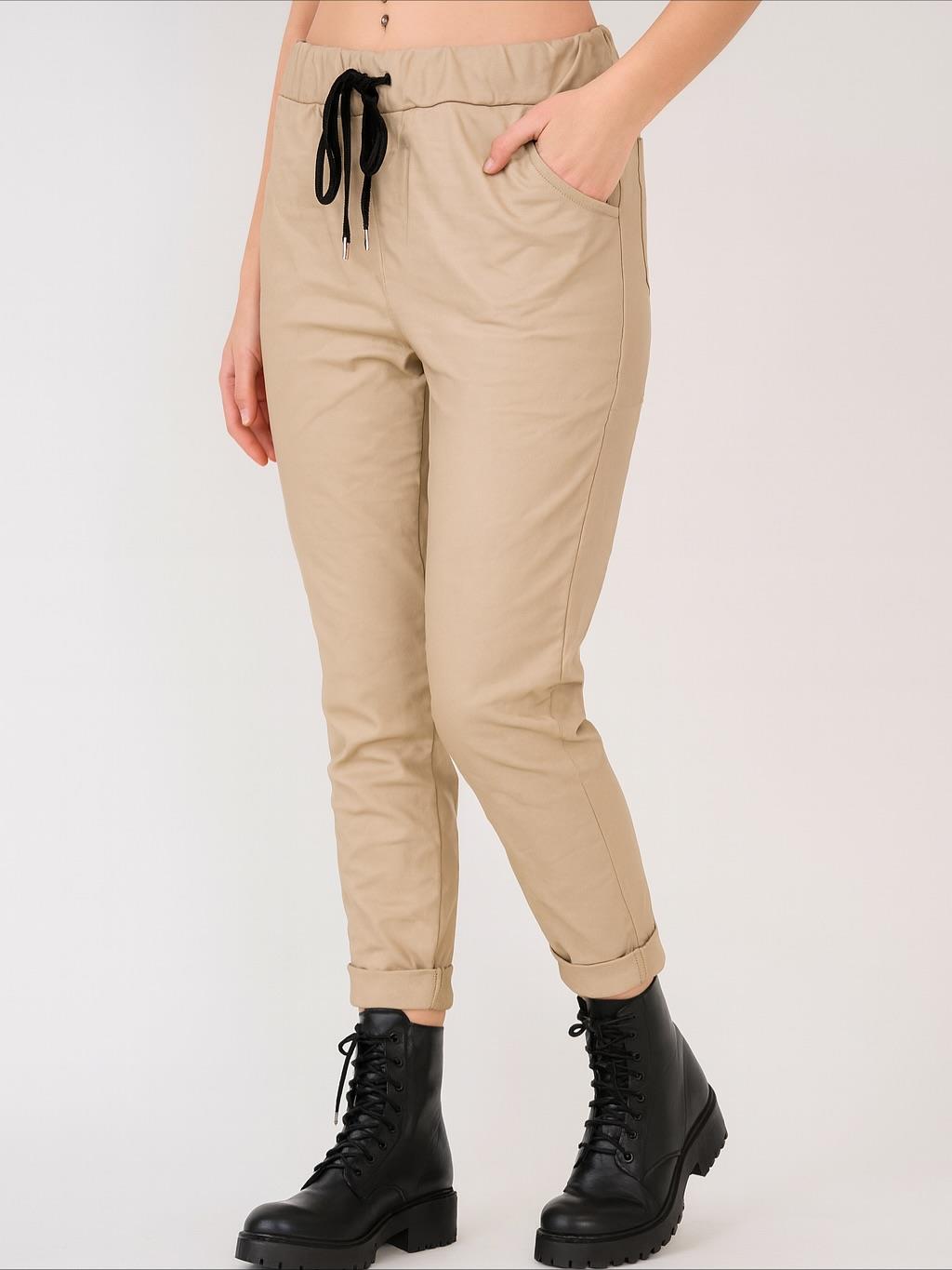 İtalyan Likralı Deri Pantolon - BEJ