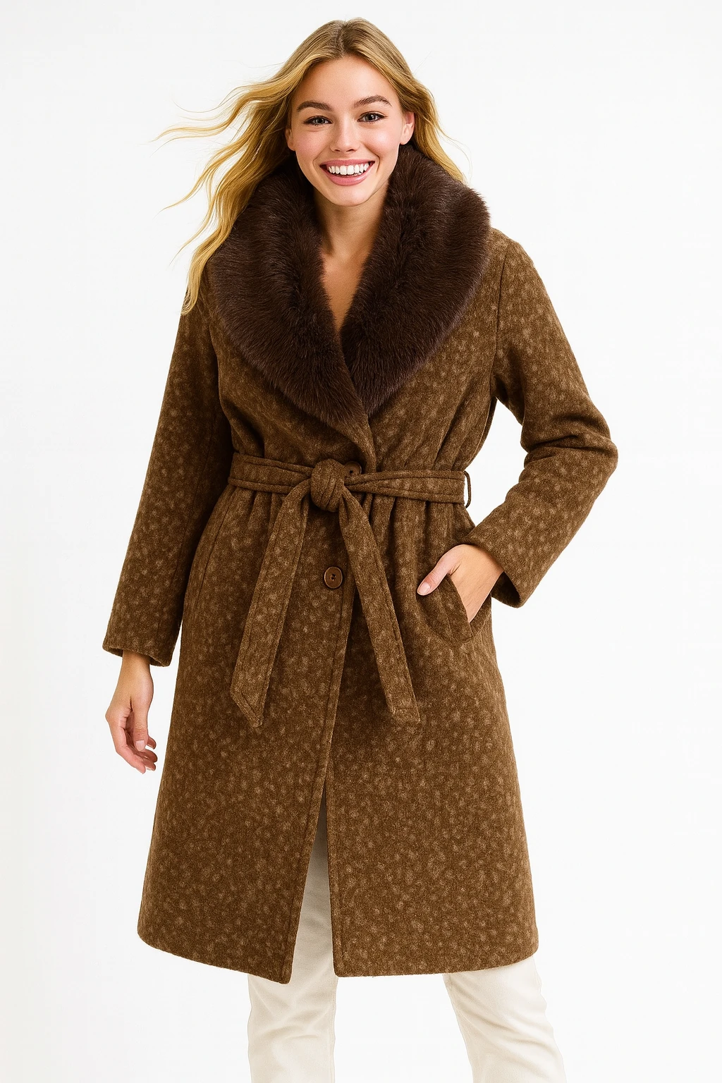 İtalyan Yaka Kürklü Keçe Kaban - KAHVERENGİ