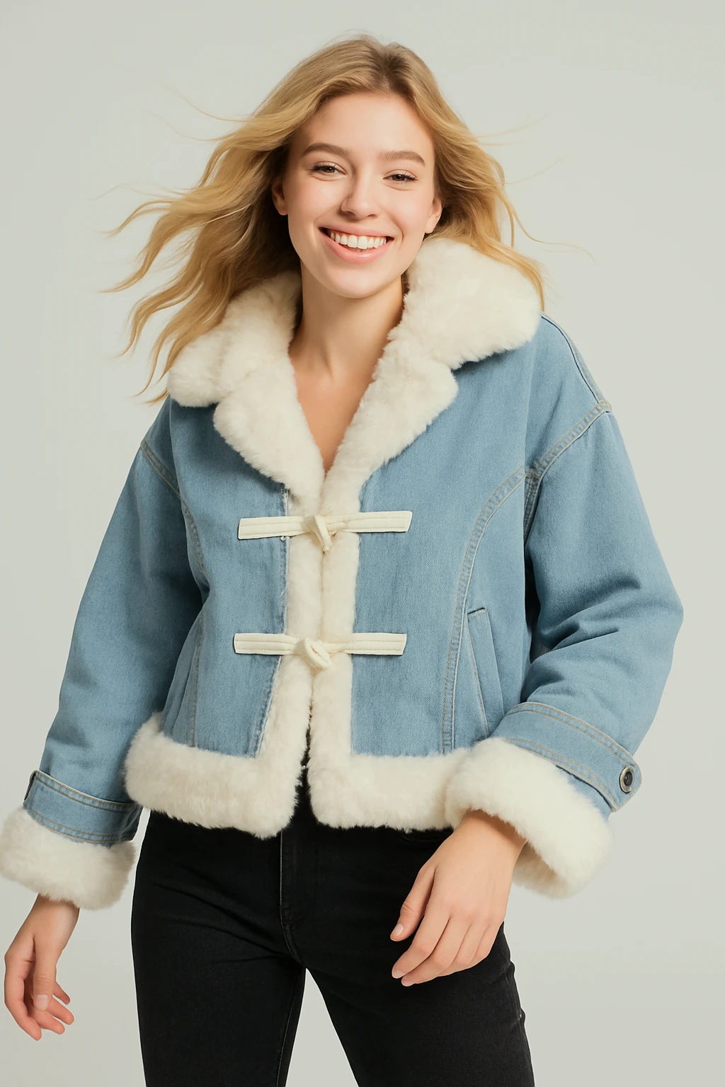 İtalyan Kürk Detaylı Kot Ceket - MAVİ