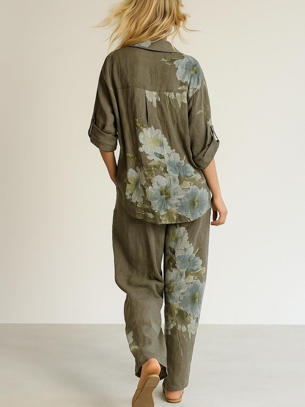 İtalyan Çiçek Desenli Keten Takım - SOLUK KAHVERENGİ