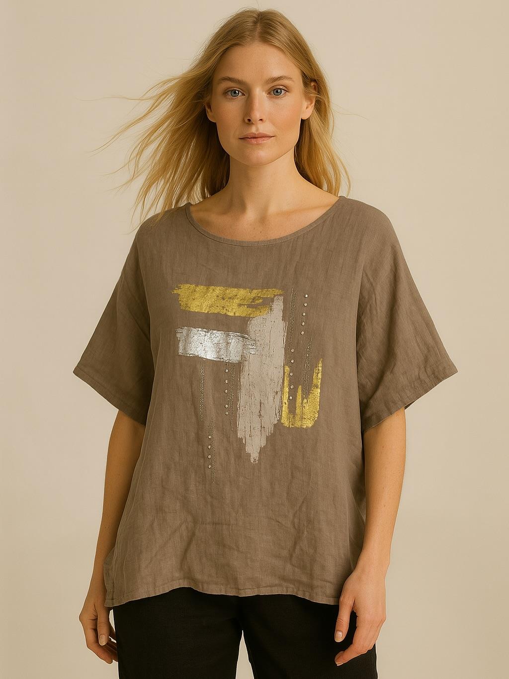 İtalyan Keten Desenli Bluz - VİZON