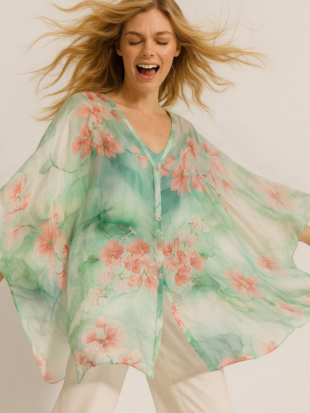 İtalyan Çiçek Desen İpek Bluz - SU YEŞİLİ