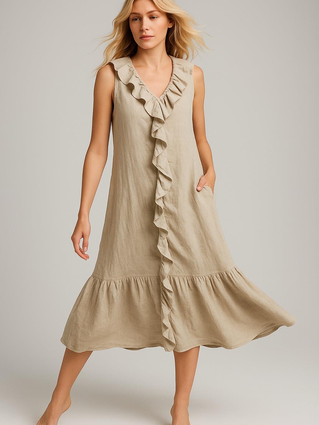 İtalyan Fırfır Detaylı Keten Elbise - BEJ