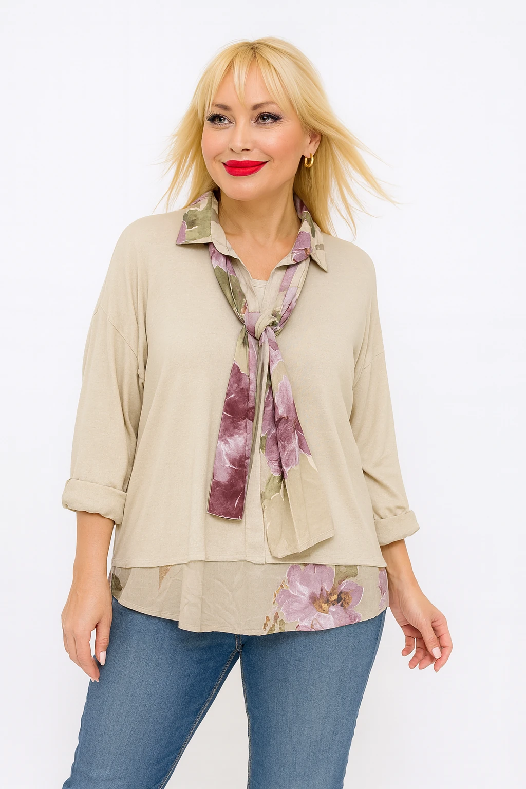 İtalyan Fularlı 3'lü Takım Bluz - BEJ