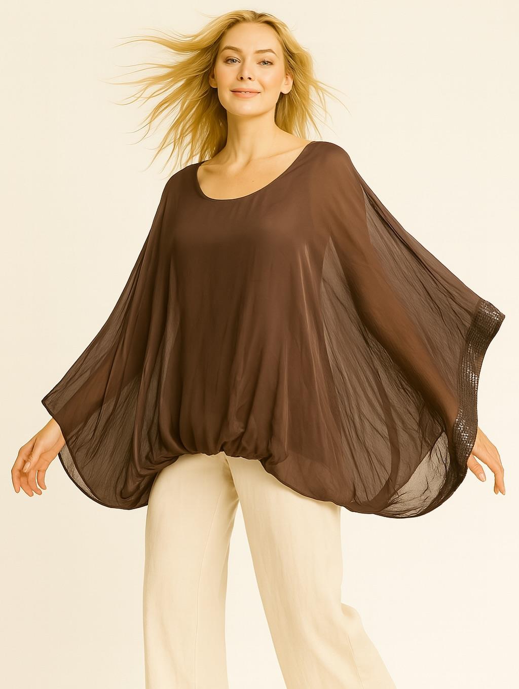 İtalyan İpek Bluz - KAHVERENGİ