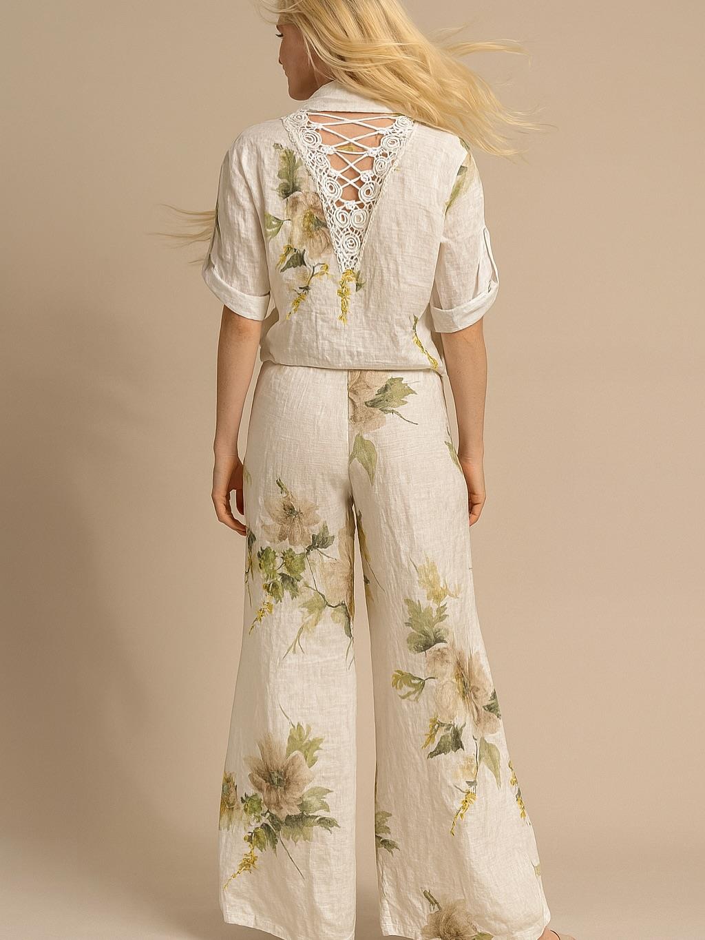 İtalyan Sırt Dantel Detaylı Keten Takım - BEYAZ