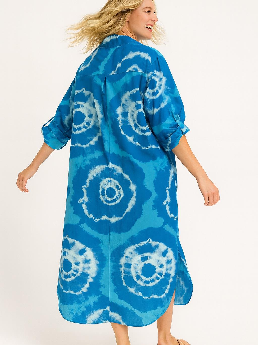 İtalyan Pamuk Dalga Desen Elbise - DENİZ MAVİ