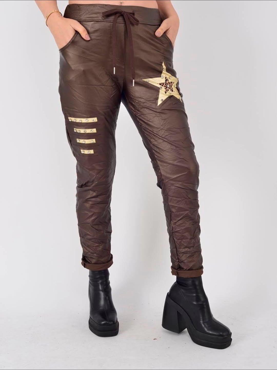 İtalyan Likralı Yıldız Detaylı Deri Pantolon - KAHVERENGİ