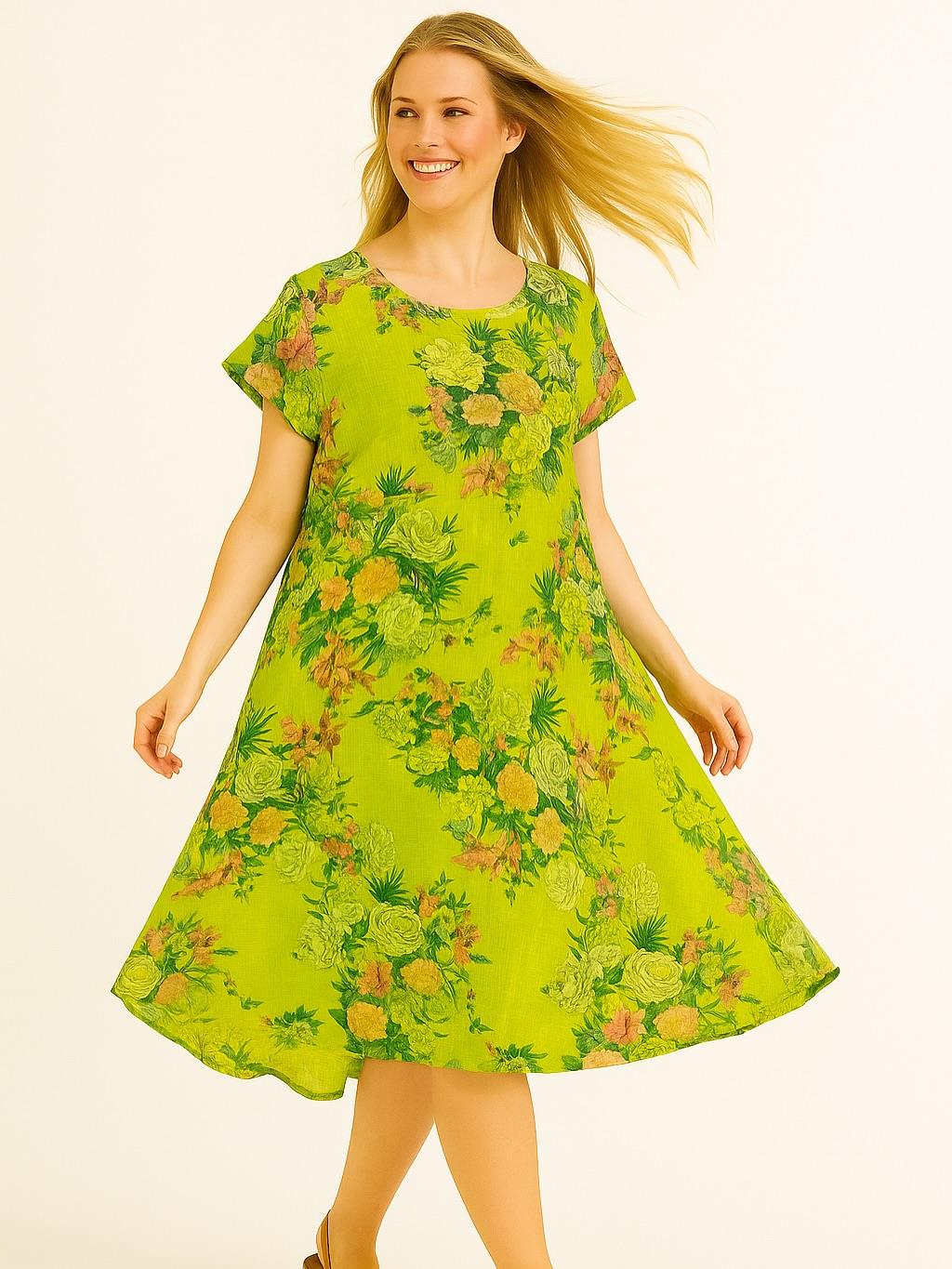 İtalyan Keten Çiçek Desen Elbise - FISTIK YEŞİLİ