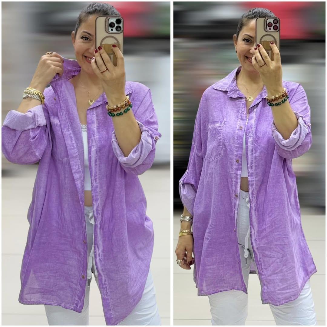 İtalyan Taşlanmış Pamuklu Coton Gömlek - LİLA