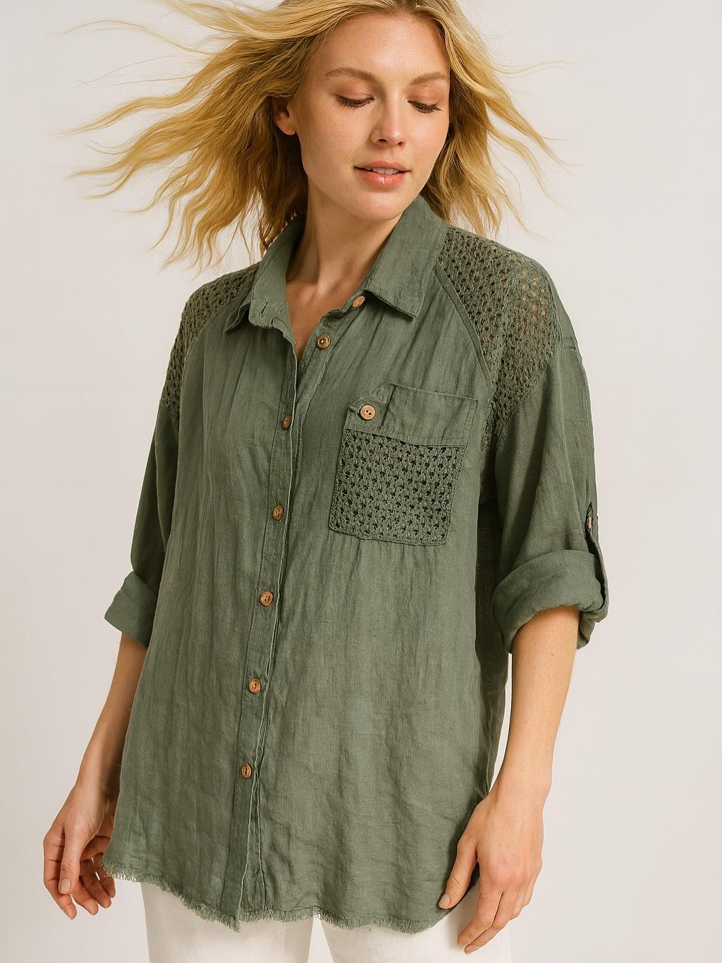 İtalyan Keten Dantel Detaylı Gömlek - HAKİ