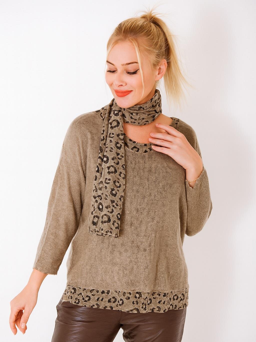 İtalyan Fularlı Triko Takım Bluz - VİZON