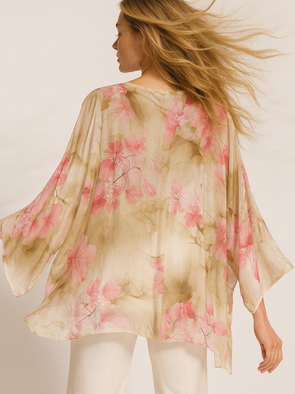 İtalyan Çiçek Desen İpek Bluz - BEJ