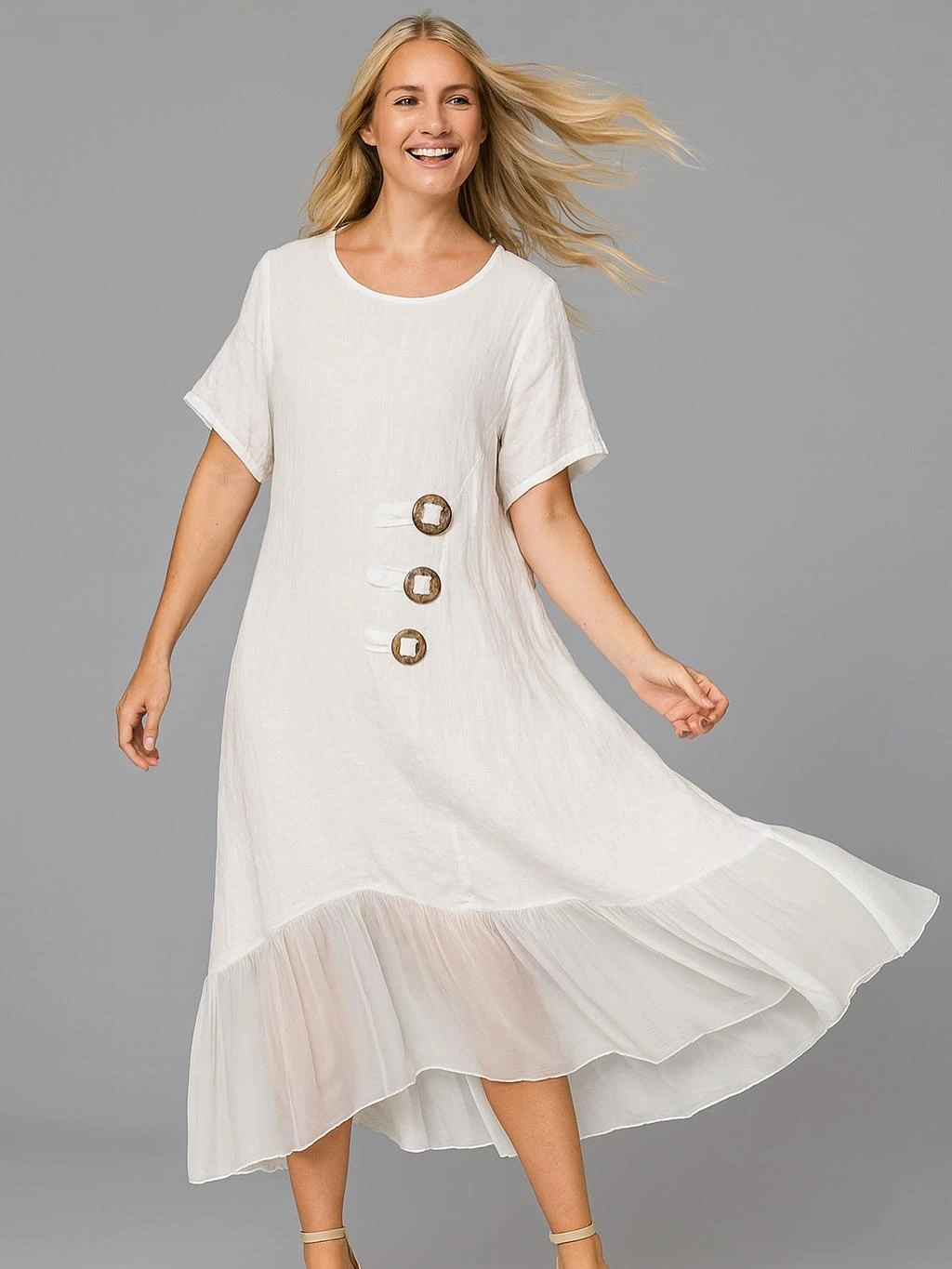 İtalyan Keten İpek Detaylı Elbise - BEYAZ