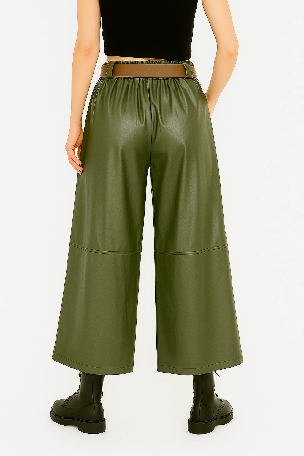 İtalyan Geniş Paça Deri Pantolon - YEŞİL