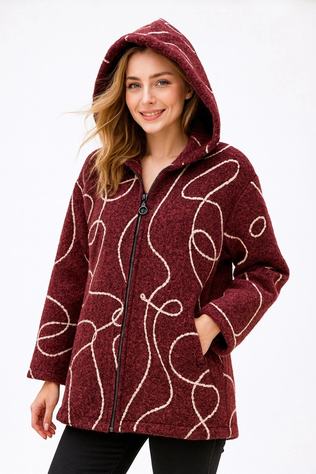 İtalyan Kapüşonlu Keçe Ceket - KIRMIZI