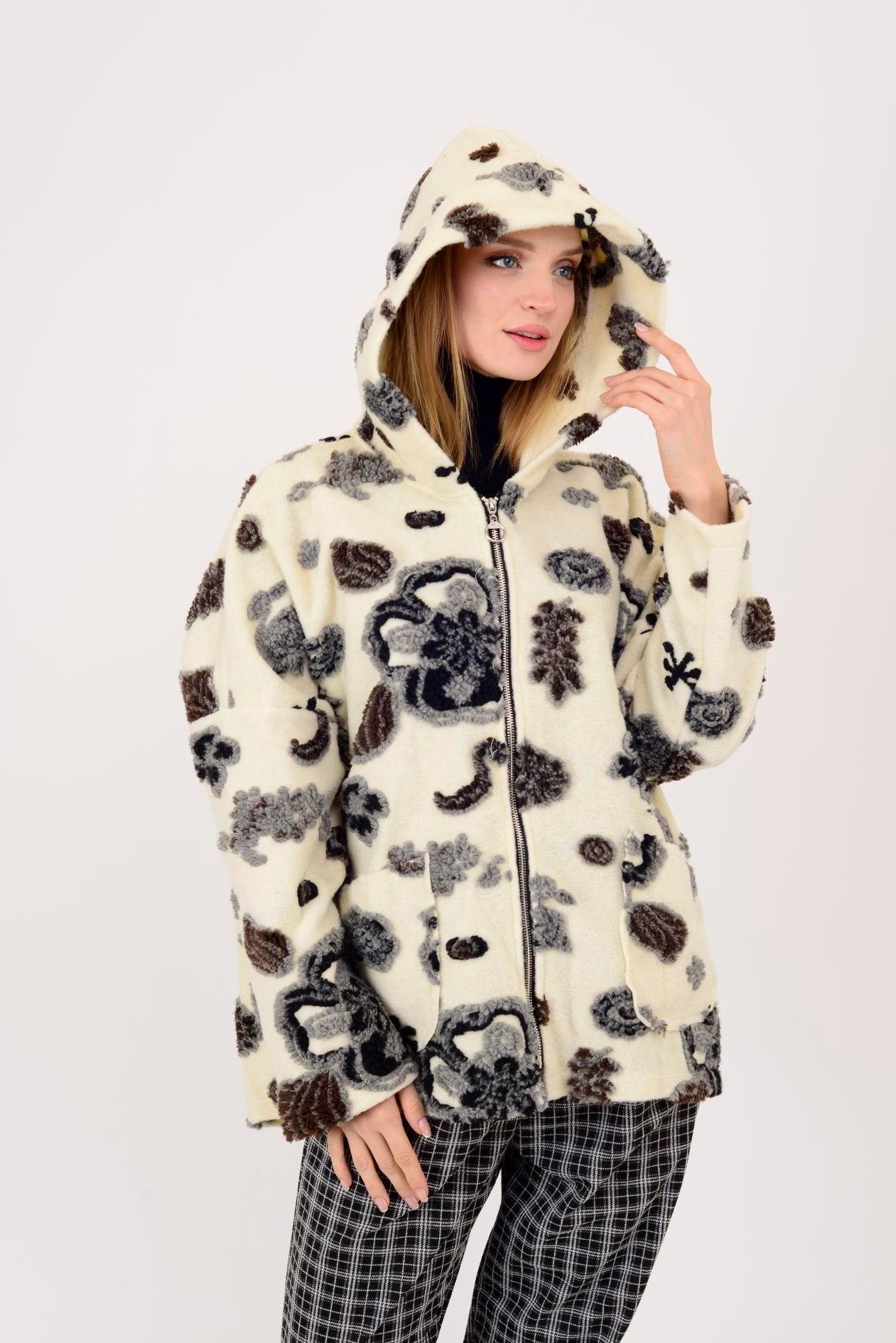 İtalyan Çiçek Tasarımlı Kapüşonlu Keçe Kaban - BEYAZ