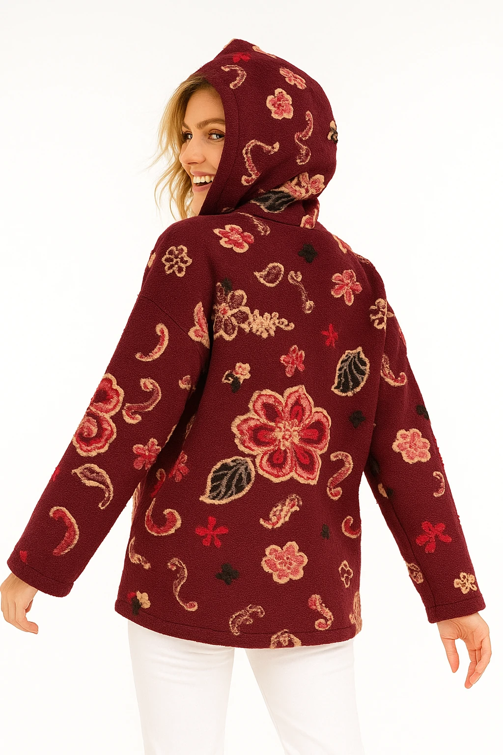 İtalyan Çiçek Tasarımlı Kapüşonlu Keçe Kaban - BORDO