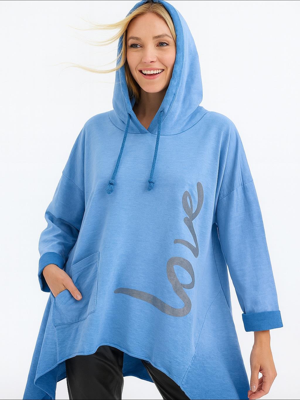 İtalyan Yazı Detaylı Nubuk Bluz - MAVİ