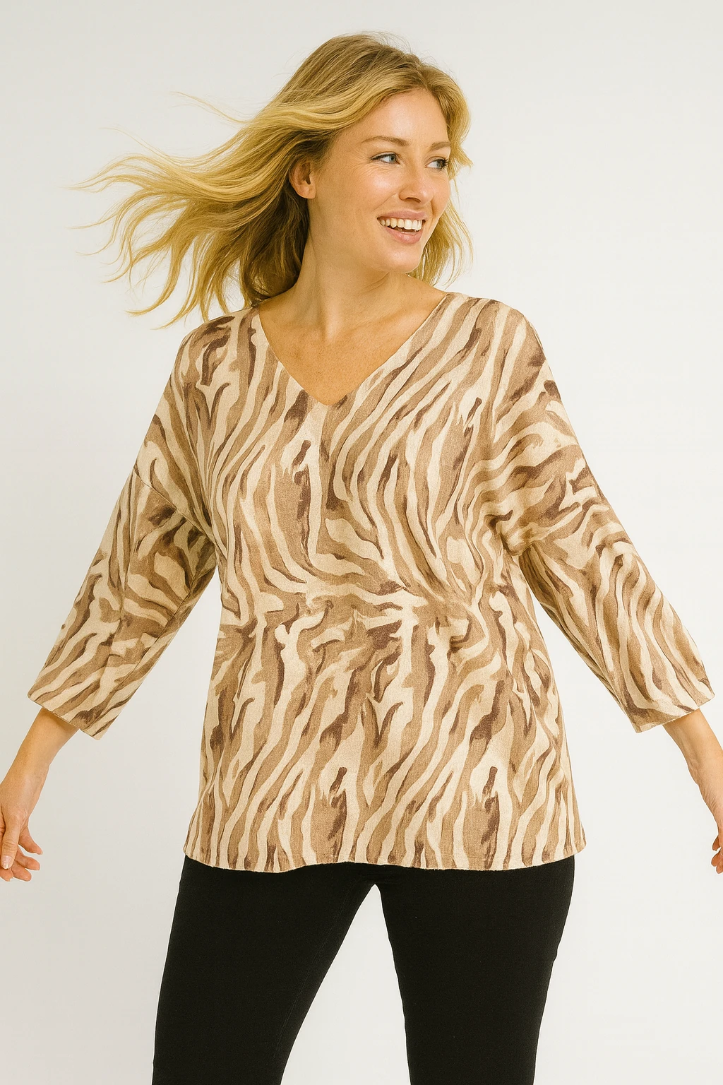 İtalyan Zebra Desen Triko Bluz - BEJ