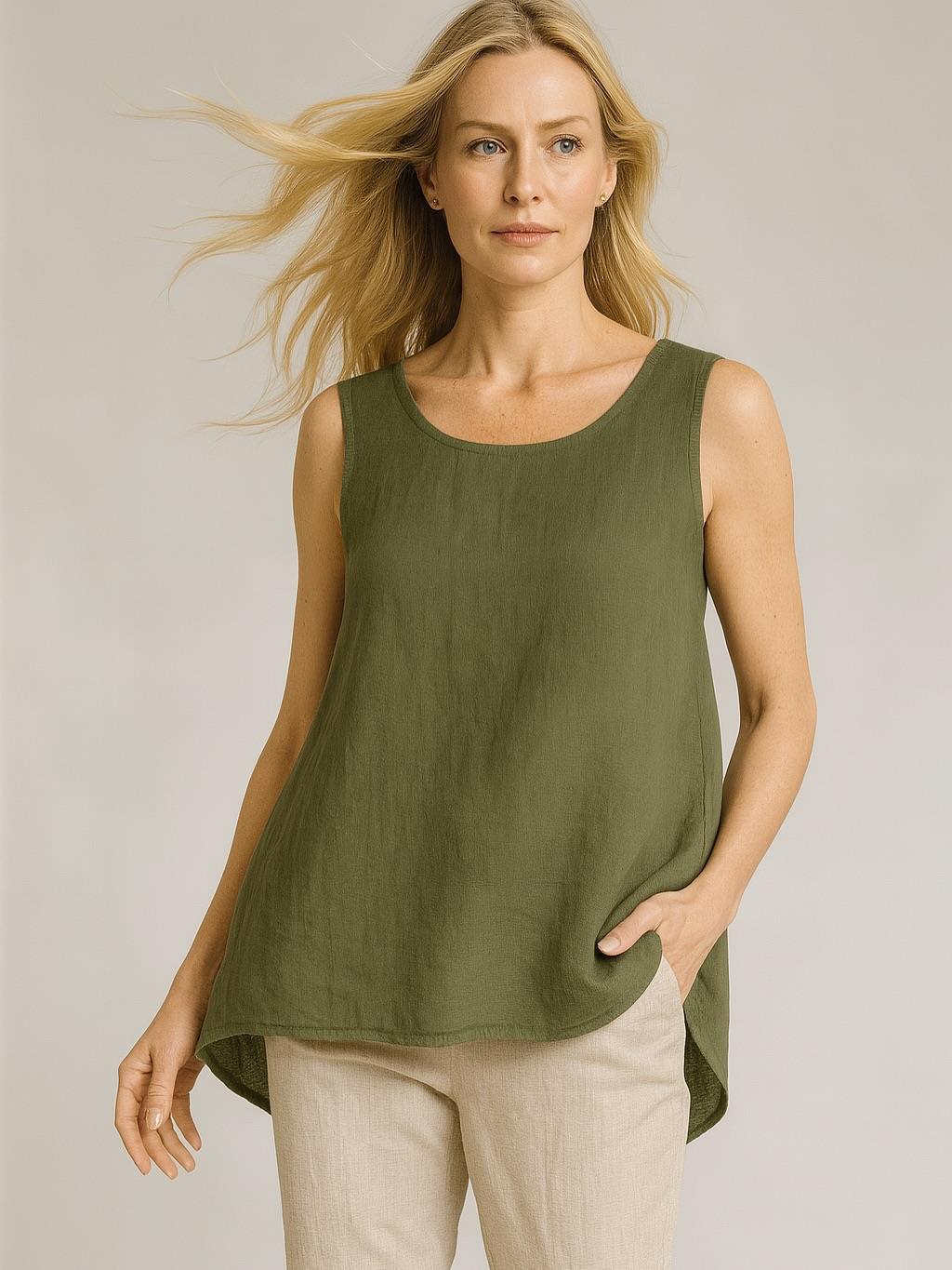 İtalyan Keten Sırt Dantel Detaylı Bluz - HAKİ