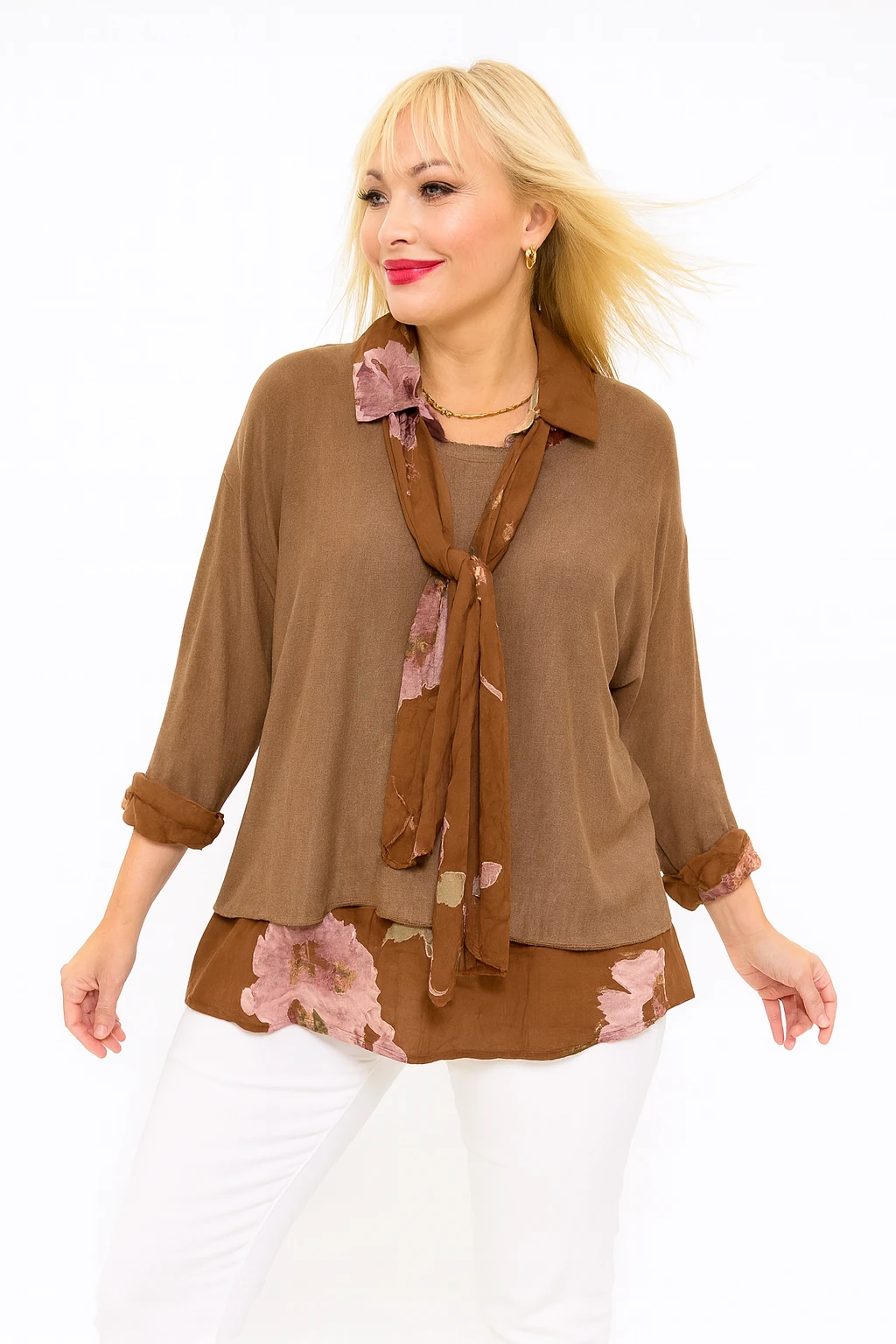 İtalyan Fularlı 3'lü Takım Bluz - KAHVE