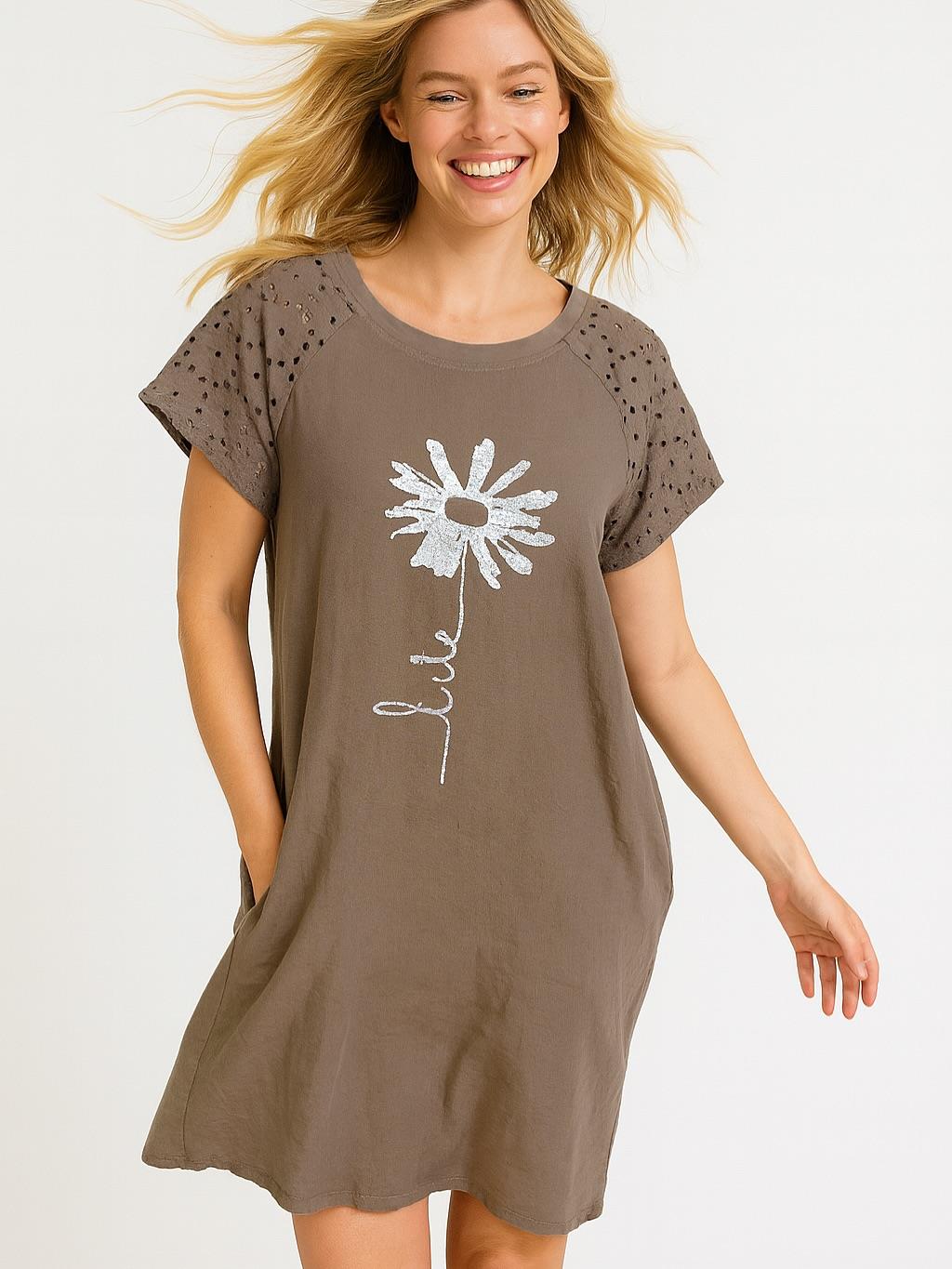 İtalyan Fisto Detaylı Keten Elbise - VİZON