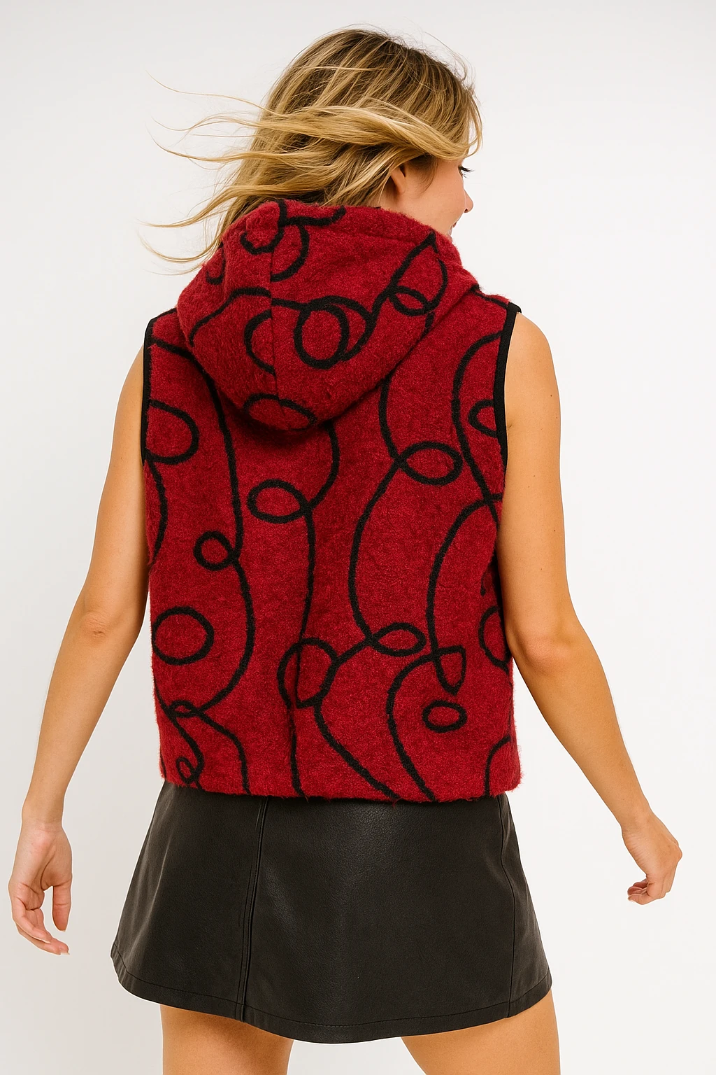 İtalyan Nakış Detaylı Kapüşonlu Keçe Yelek - KIRMIZI