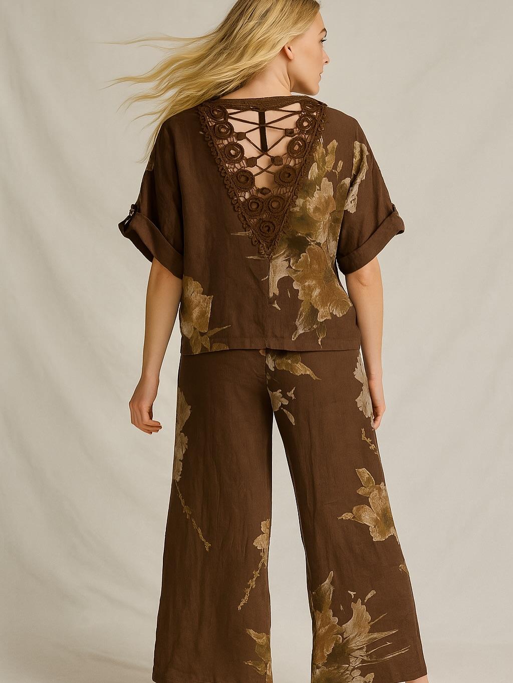 İtalyan Sırt Dantel Detaylı Keten Takım - KAHVERENGİ