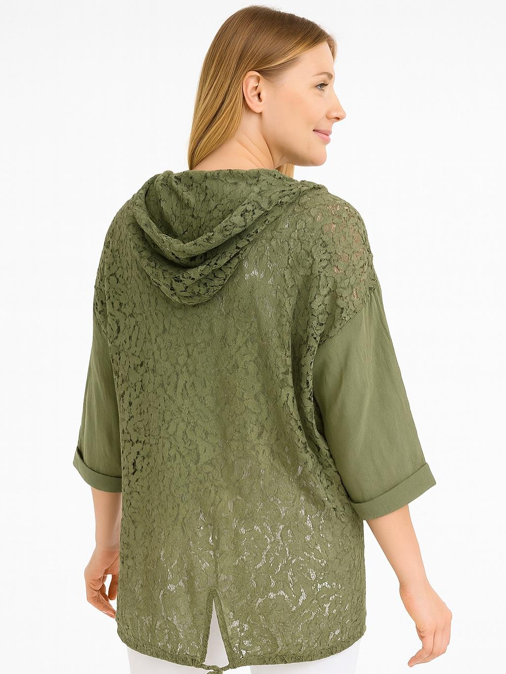 İtalyan Keten Dantel Detaylı Kapüşonlu Ceket - HAKİ