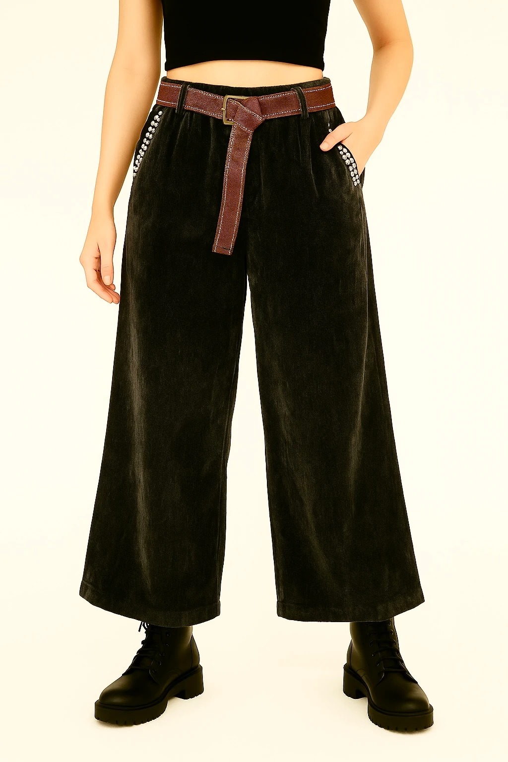 İtalyan Geniş Paça İnce Fitilli Kadife Pantolon - SİYAH