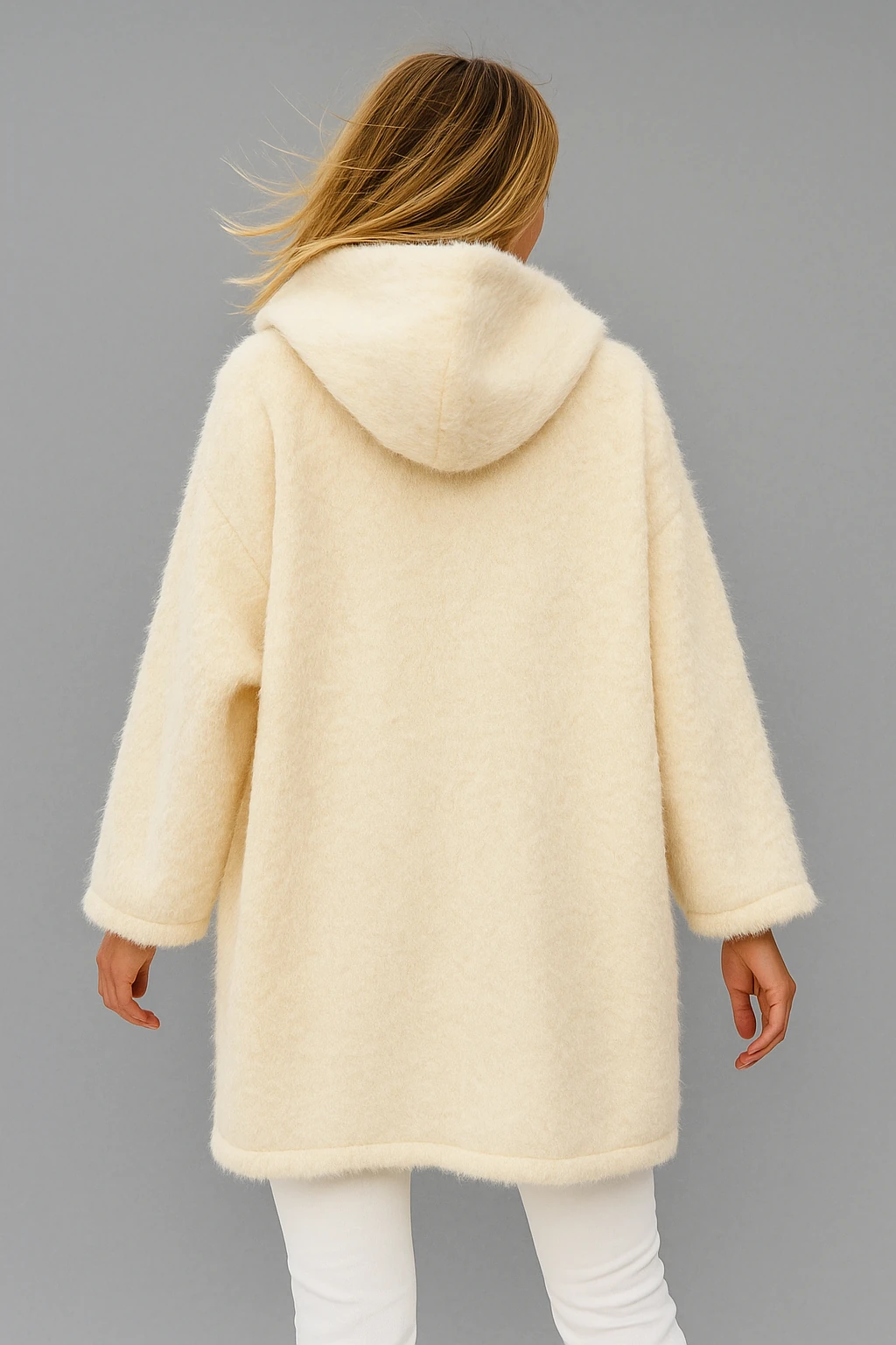 İtalyan Kapüşonlu Keçe Kaban - BEYAZ