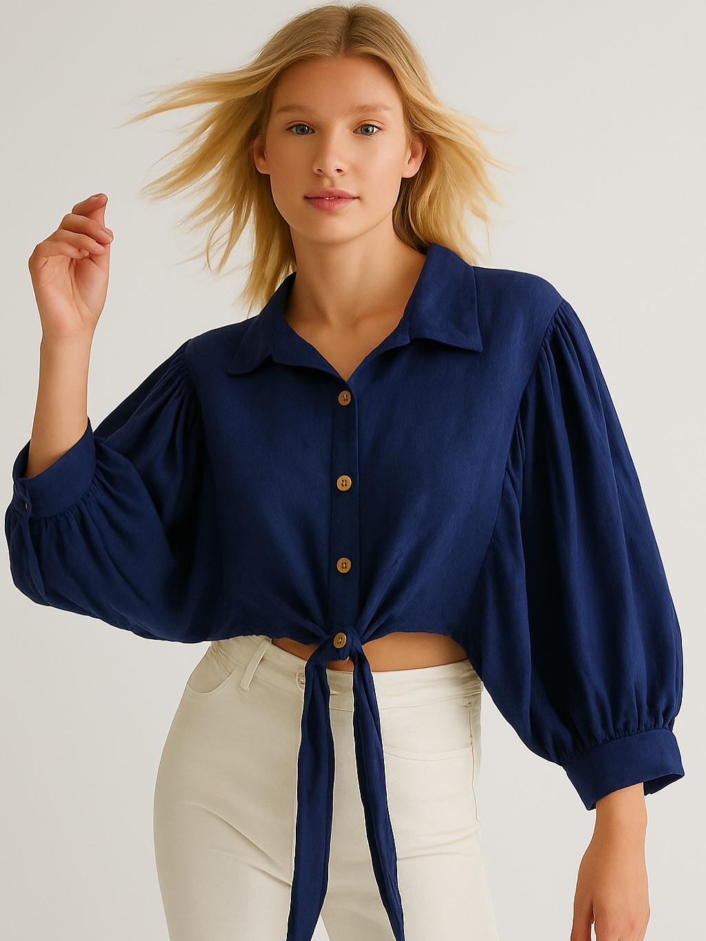 İtalyan  Özel Tasarım Keten Gömlek - LACİVERT