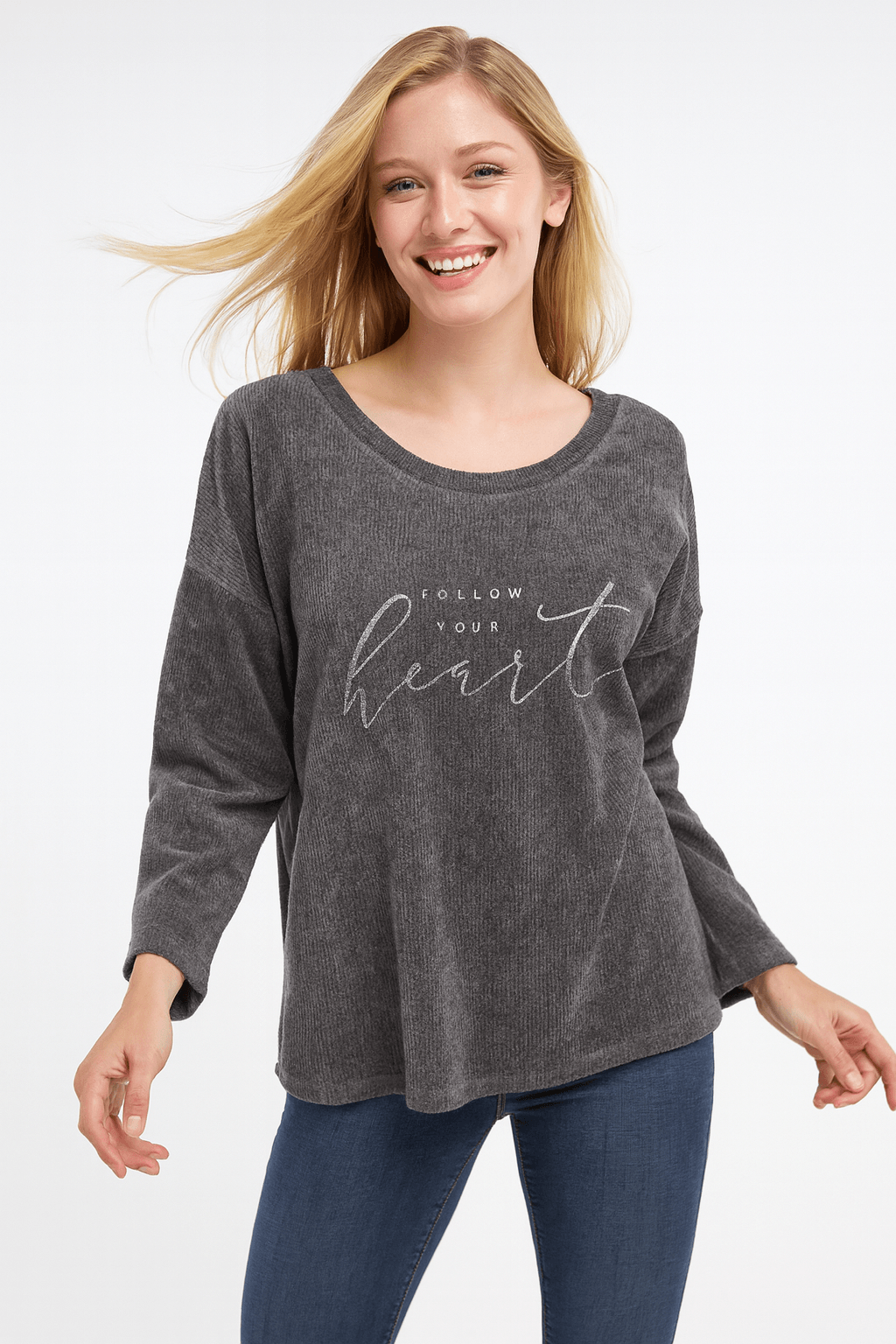 İtalyan Kadife Yazı Detaylı Bluz - GRİ