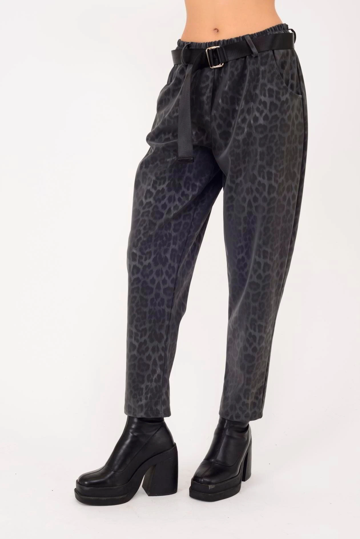 İtalyan Kemer Detaylı Leopar Desenli Pantolon - ANTRASİT