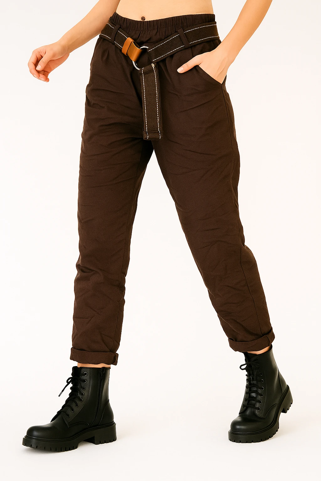 İtalyan Kemerli Likralı Pantolon - KAHVERENGİ