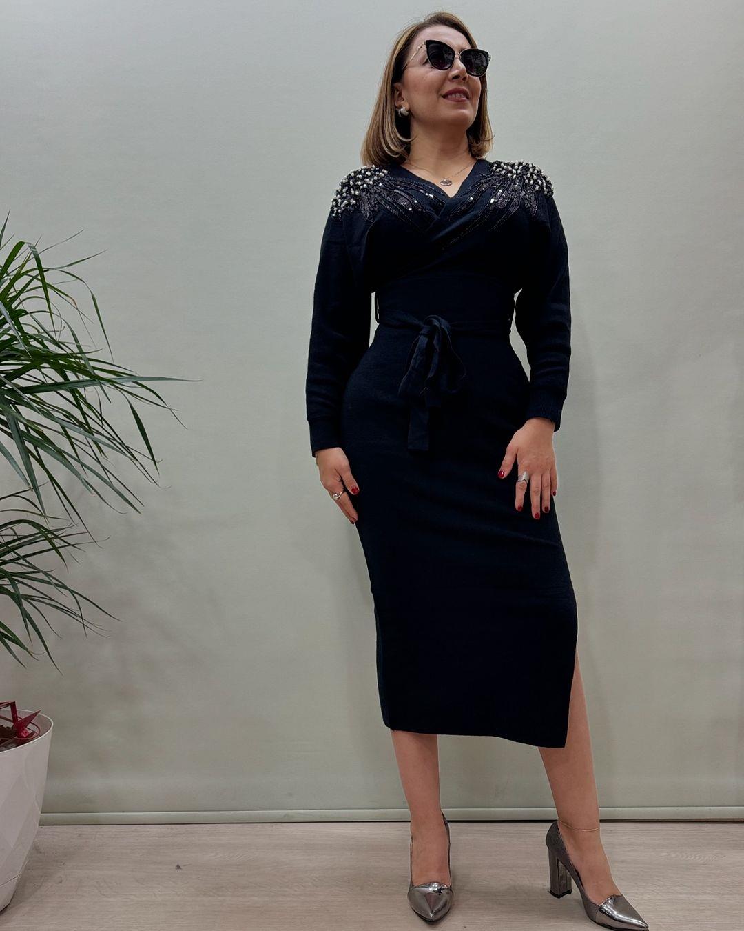 İtalyan Angora Özel Tasarım Elbise - SİYAH